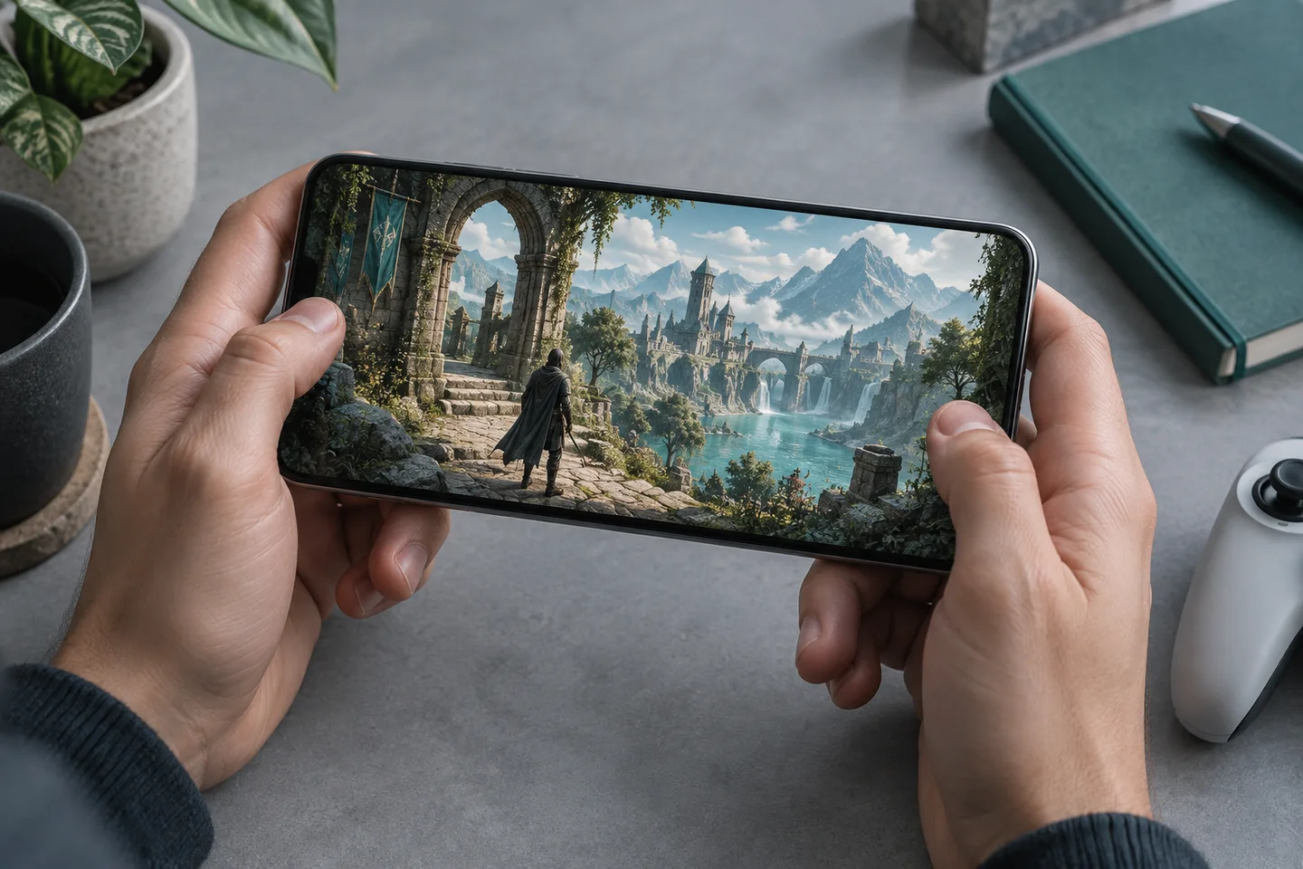 Illustrative fantasy RPG scene displayed on a handheld smartphone