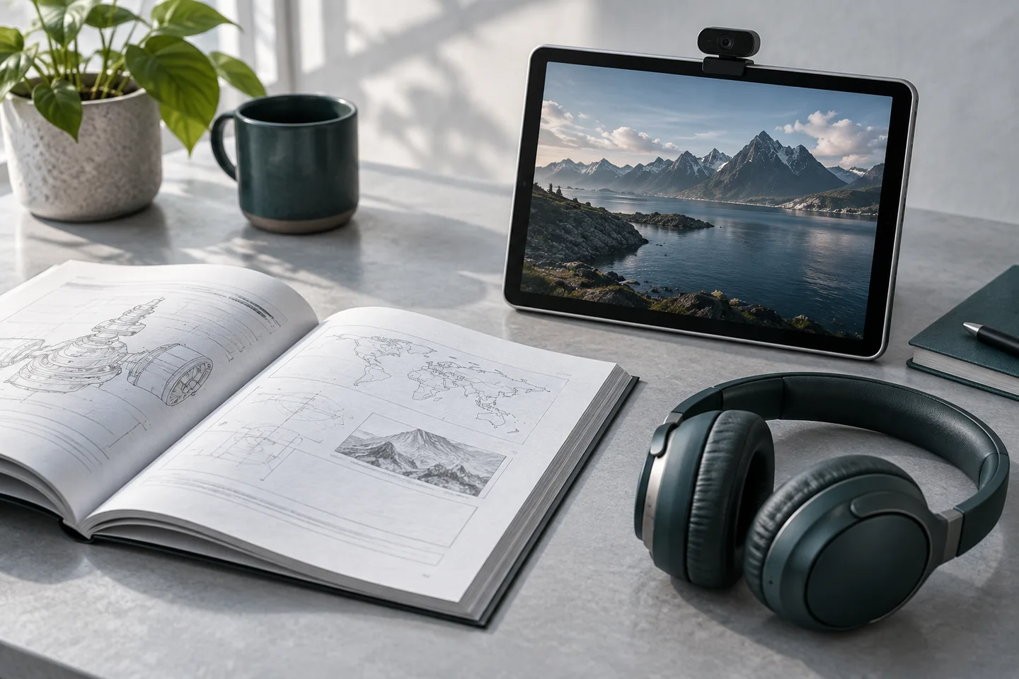 Illustrative documentation and video workstation with a tablet, manual and headphones