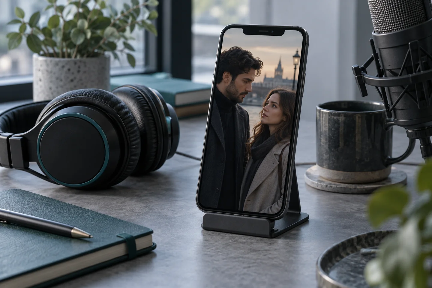 Illustrative short-drama scene on a vertical smartphone beside audio production equipment