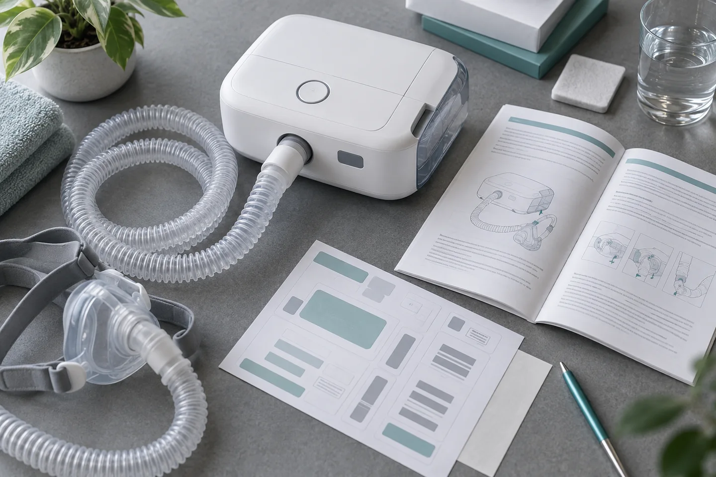 Illustrative respiratory device beside an instruction booklet and label layouts